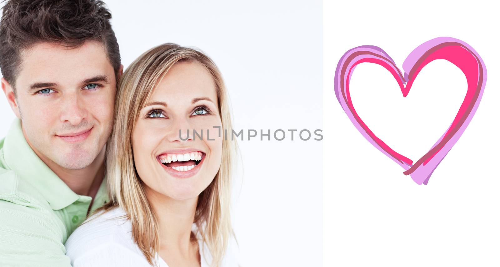 Young beautiful couple man looking at the camera against heart