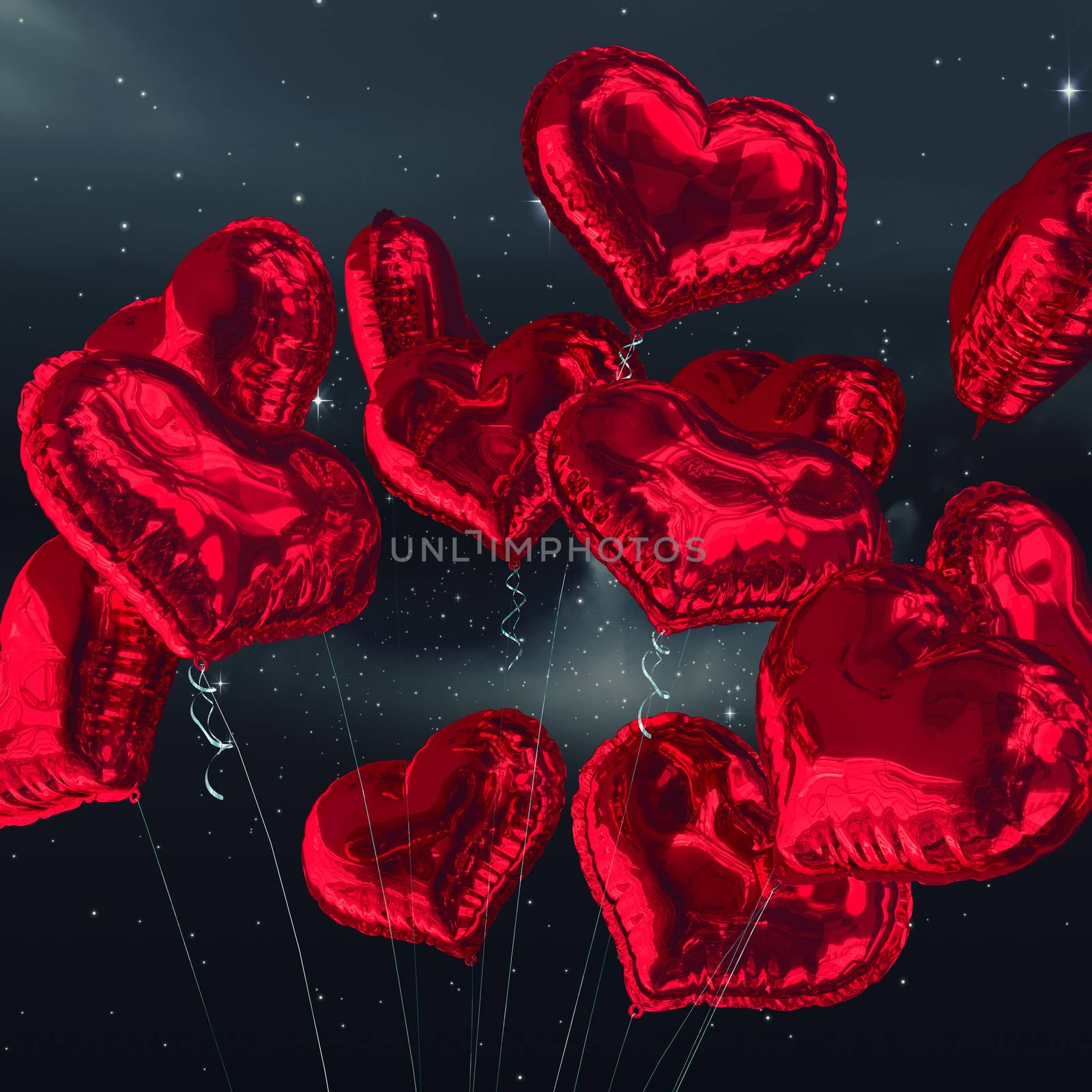 Heart balloons against stars twinkling in night sky
