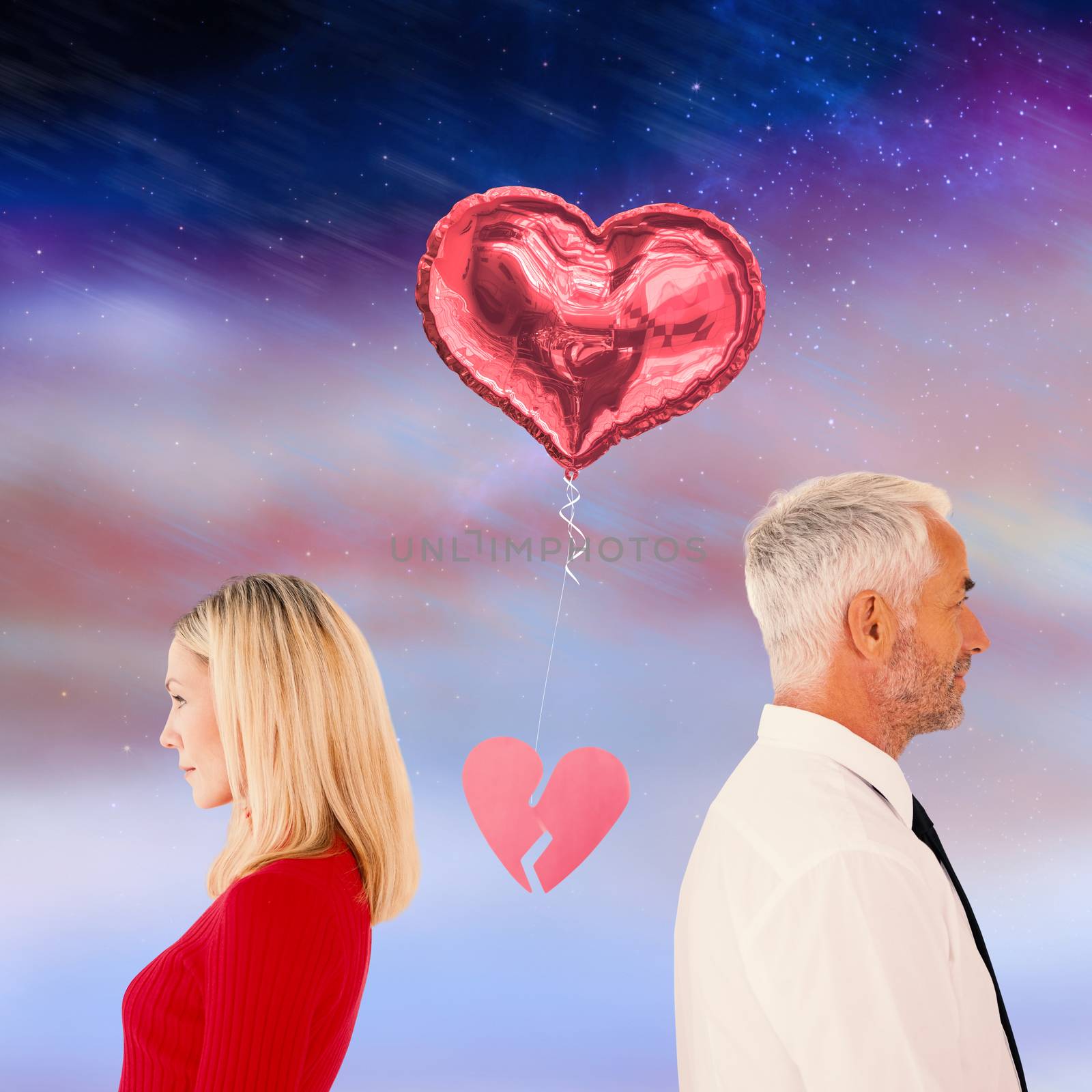 Composite image of couple not talking with broken heart between them by Wavebreakmedia