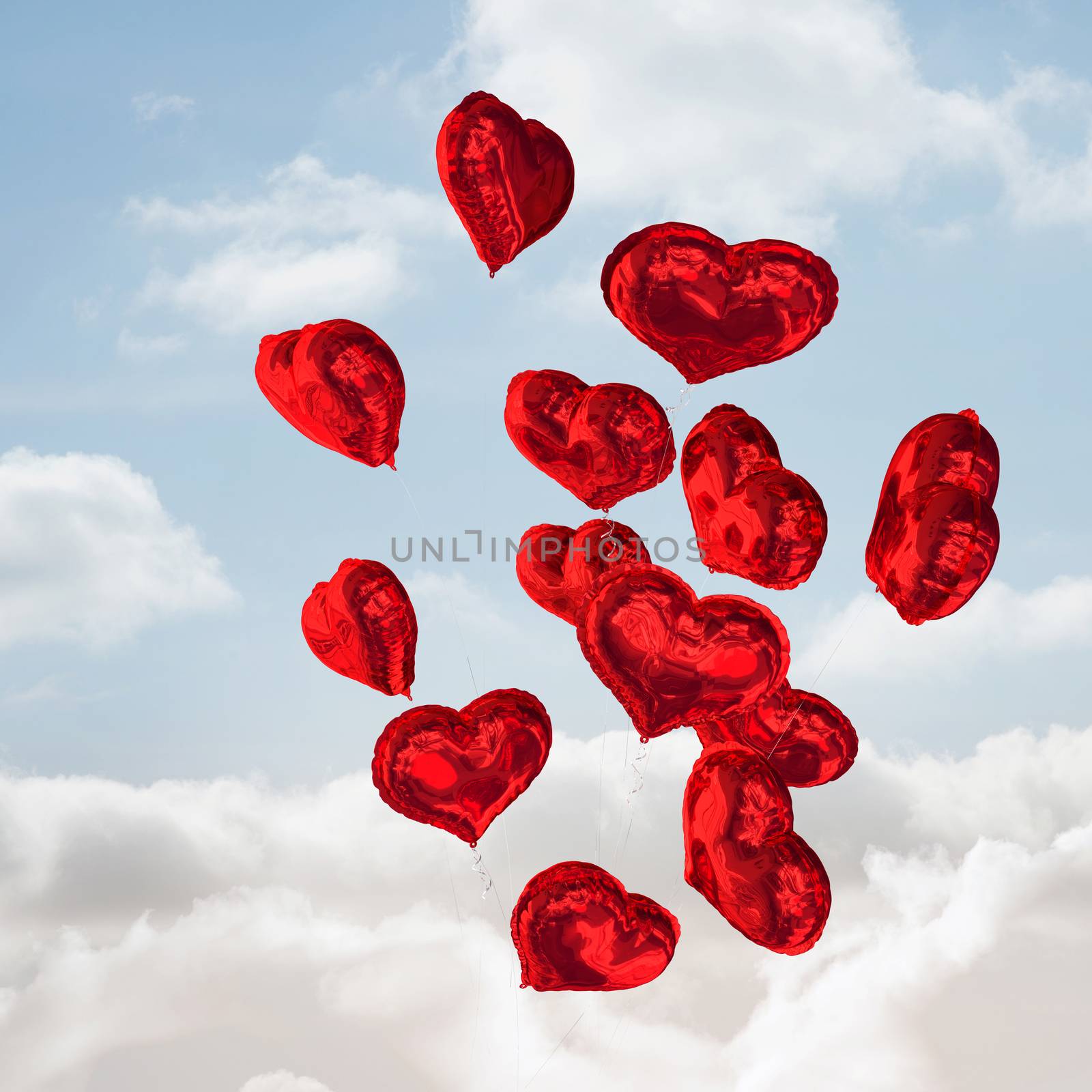 Heart balloons against cloudy sky