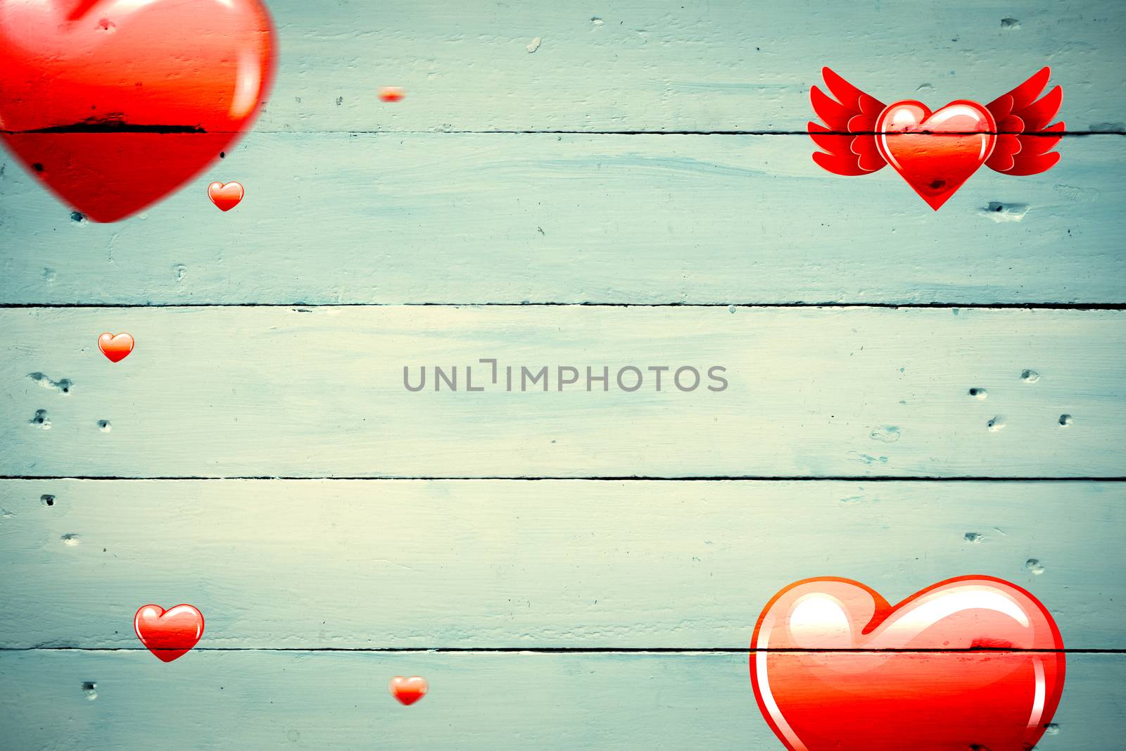 Hearts against painted blue wooden planks