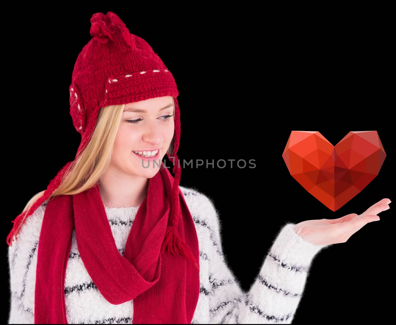 Composite image of festive blonde presenting with hand by Wavebreakmedia