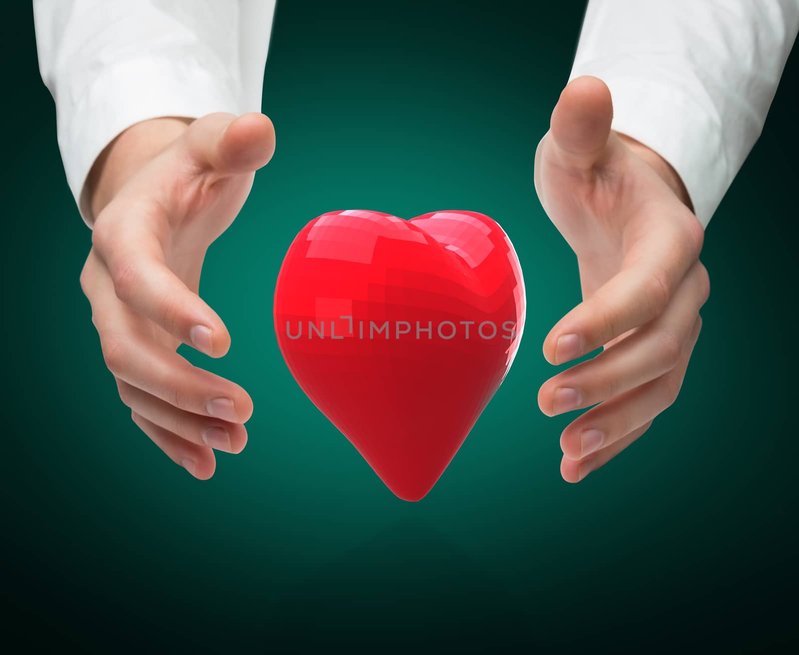 Hands holding against green background with vignette