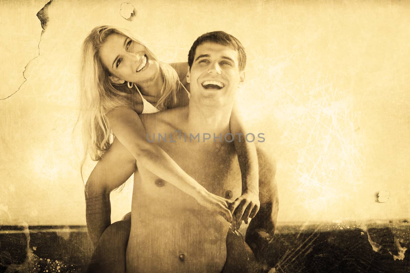Composite image of laughing man giving his pretty girlfriend a piggy back smiling  by Wavebreakmedia