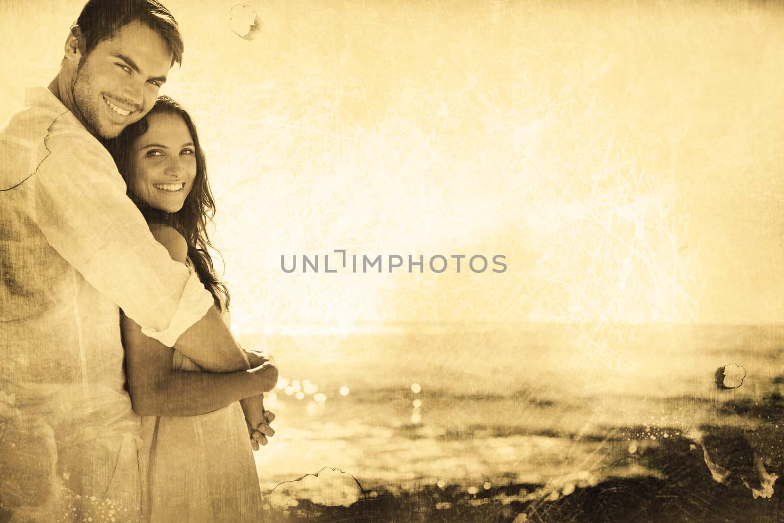 Composite image of smiling couple hugging and looking  by Wavebreakmedia