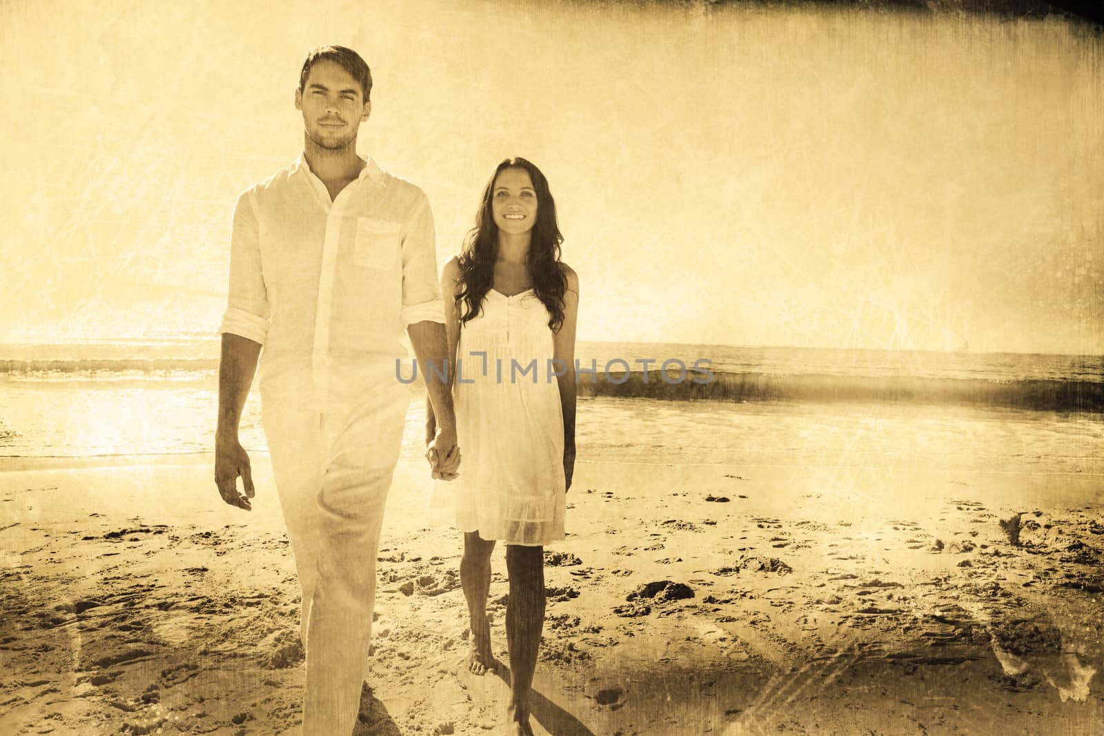 Composite image of beautiful couple holding hands and walking towards camera by Wavebreakmedia