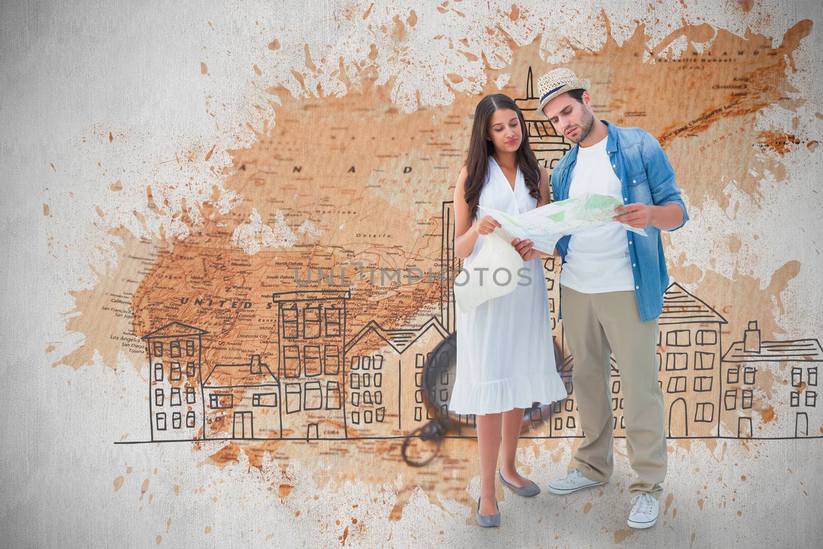 Lost hipster couple looking at map against world map with compass showing north america