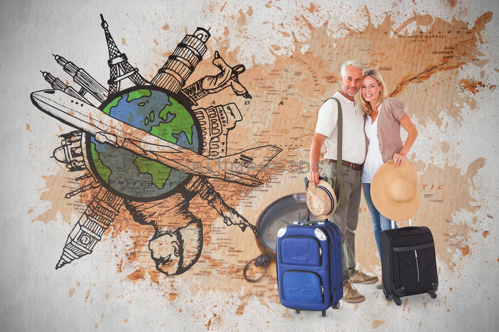 Happy couple ready to go on holiday against world map with compass showing north america