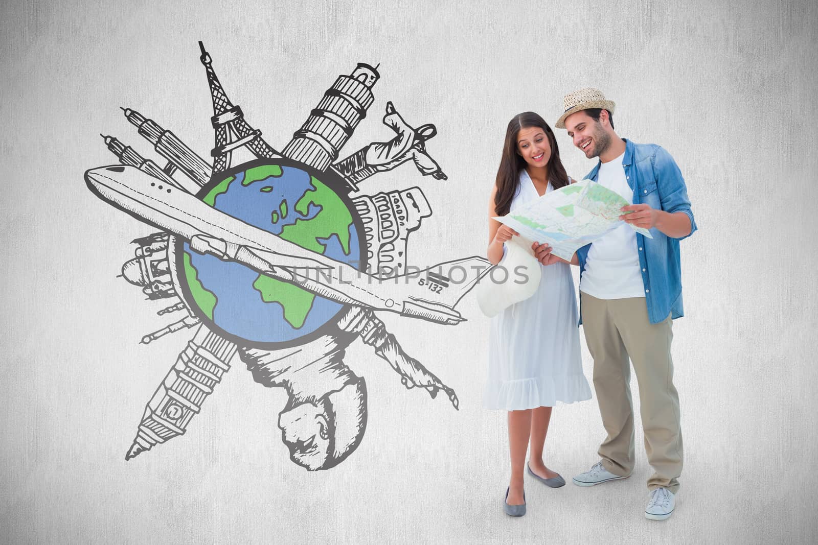 Happy hipster couple looking at map against white background