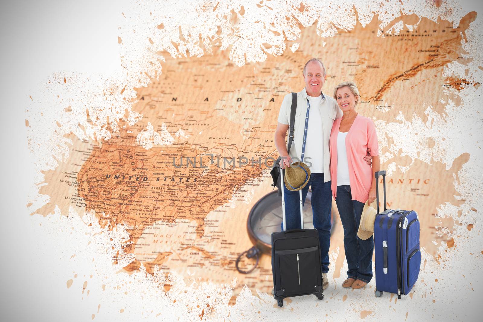 Smiling older couple going on their holidays against world map with compass showing north america
