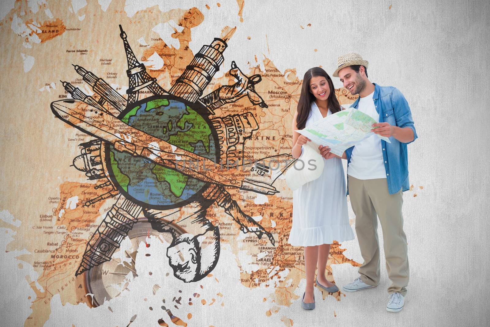 Composite image of happy hipster couple looking at map by Wavebreakmedia