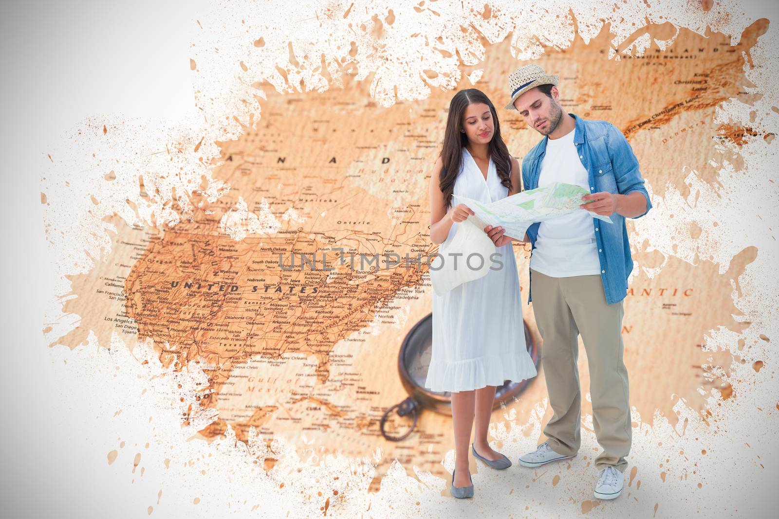 Lost hipster couple looking at map against world map with compass showing north america