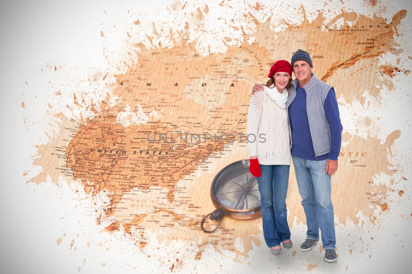 Happy couple in warm clothing against world map with compass showing north america