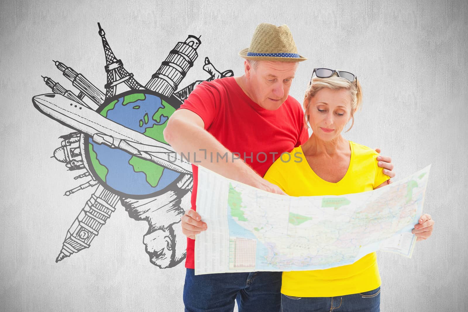 Composite image of lost tourist couple using map by Wavebreakmedia