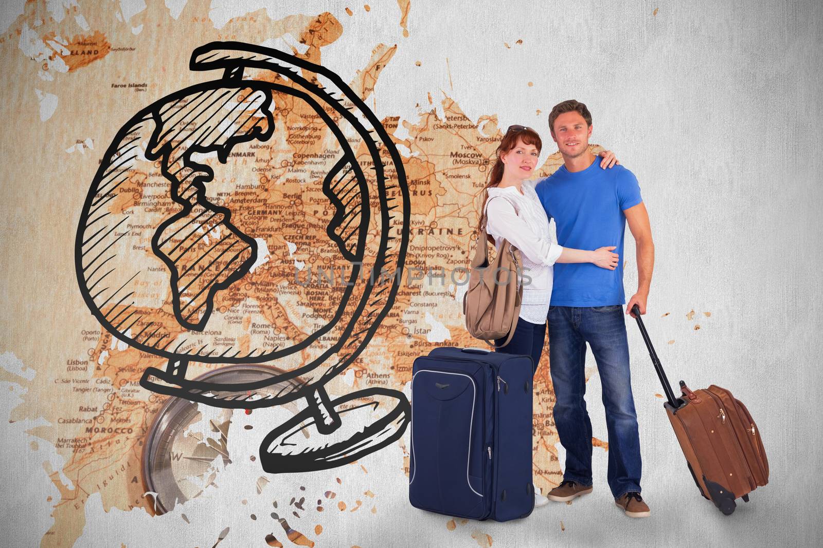Happy couple going on holiday against world map with compass showing southern asia