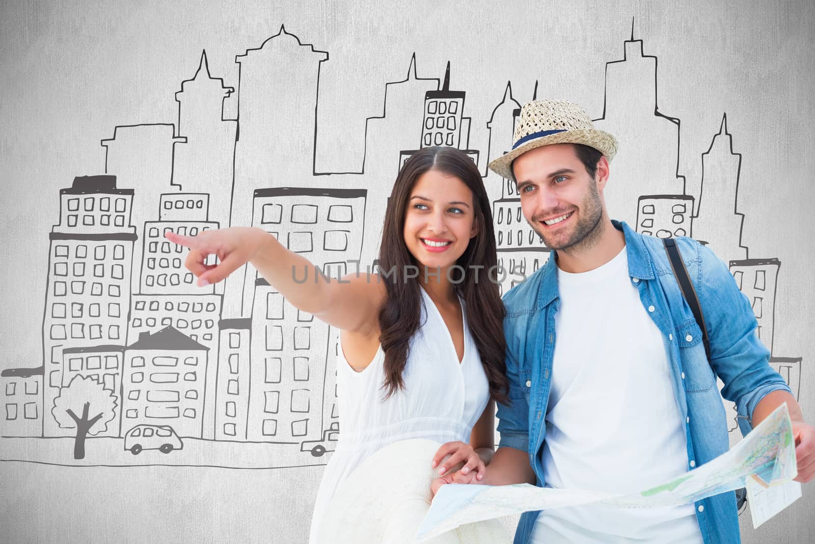Composite image of happy hipster couple looking at map by Wavebreakmedia