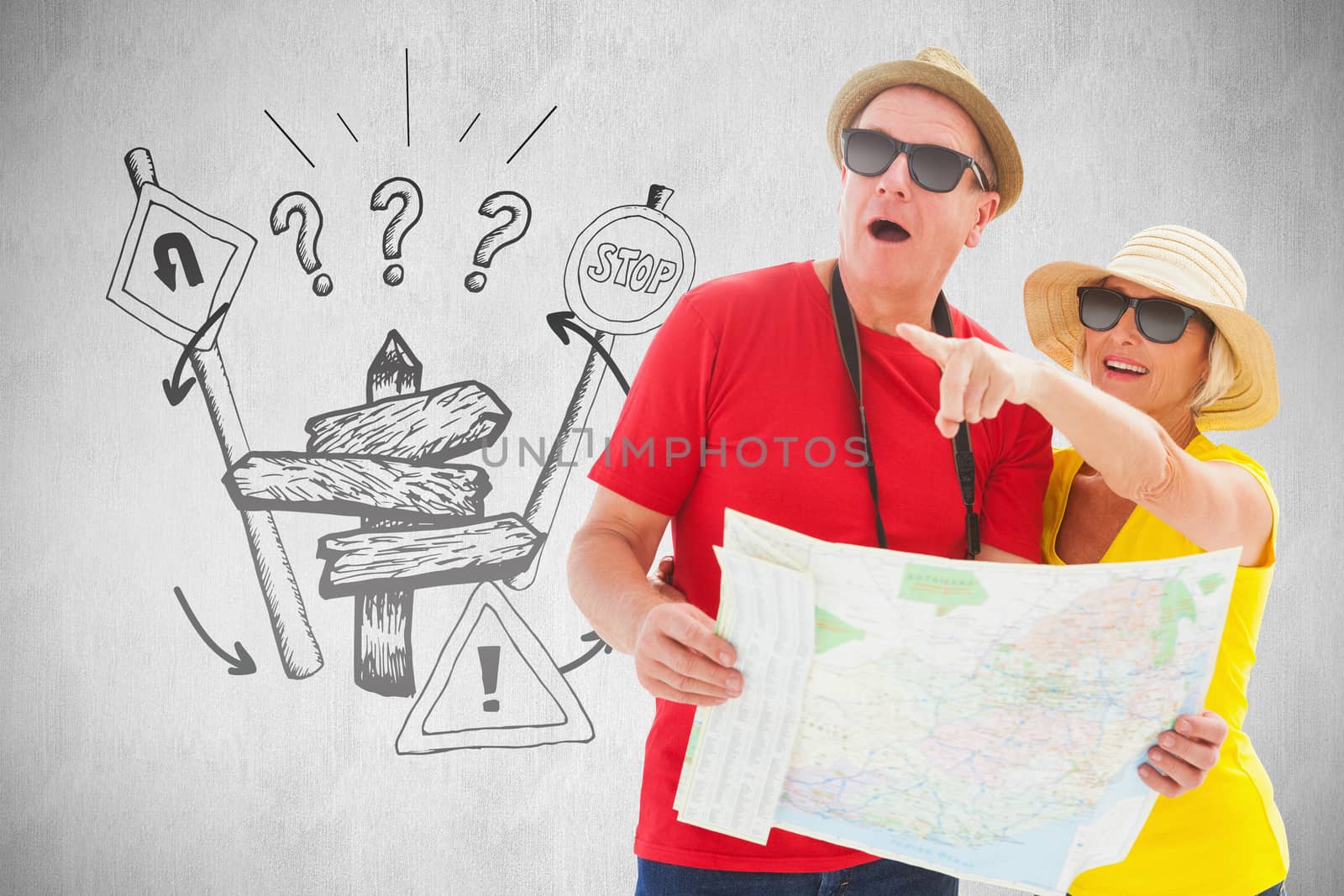 Happy tourist couple using map against white background