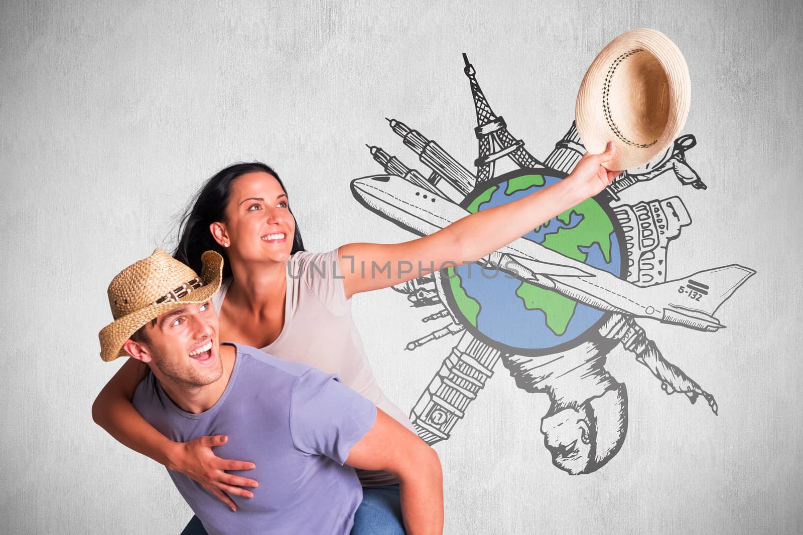 Man giving his pretty girlfriend a piggy back against white background