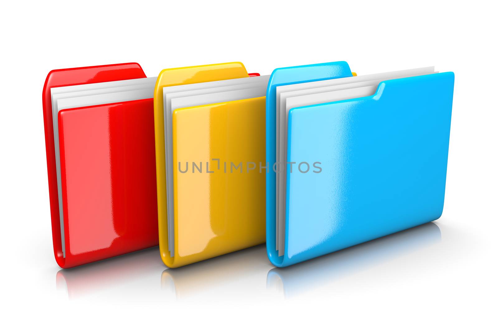 Three Colorful Red, Yellow and Blue Document Folders on White Background 3D Illustration