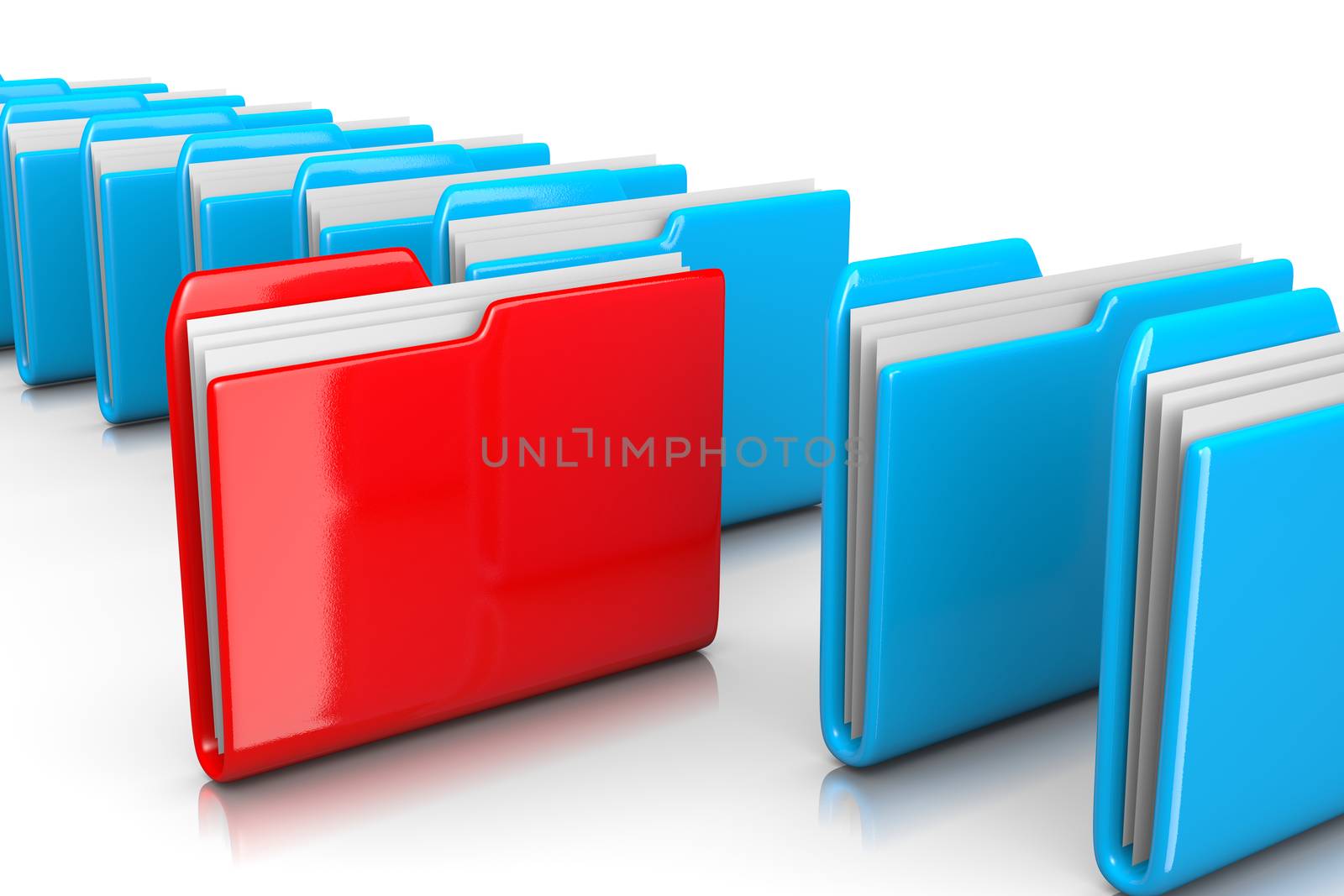 Single Red Document Folder among Many Blue on White Background 3D Illustration, Find Documents Concept