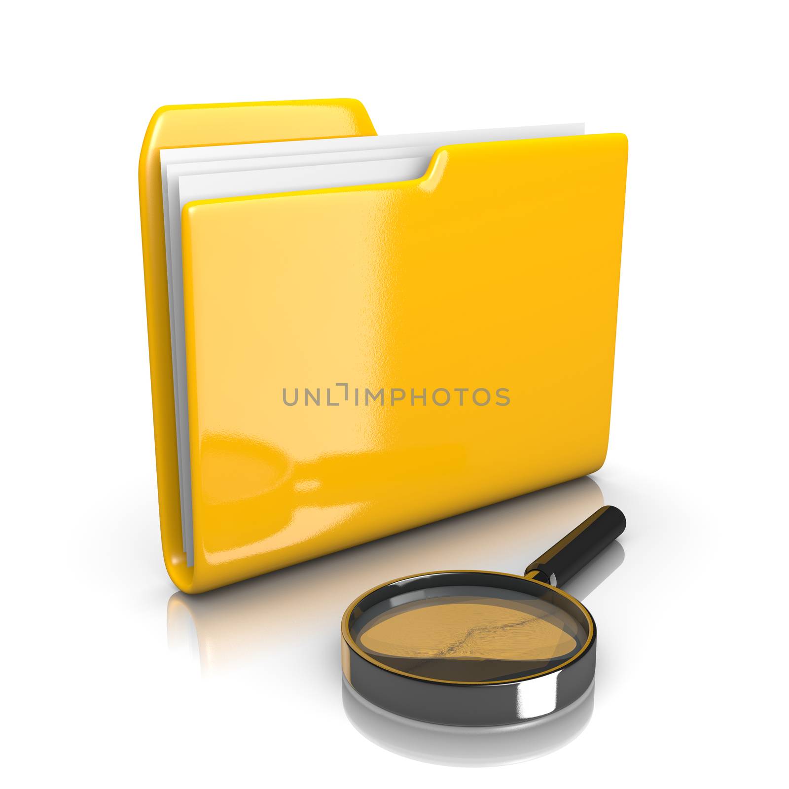 Single Yellow Document Folder with Magnifier on White Background 3D Illustration, Search Documents Concept