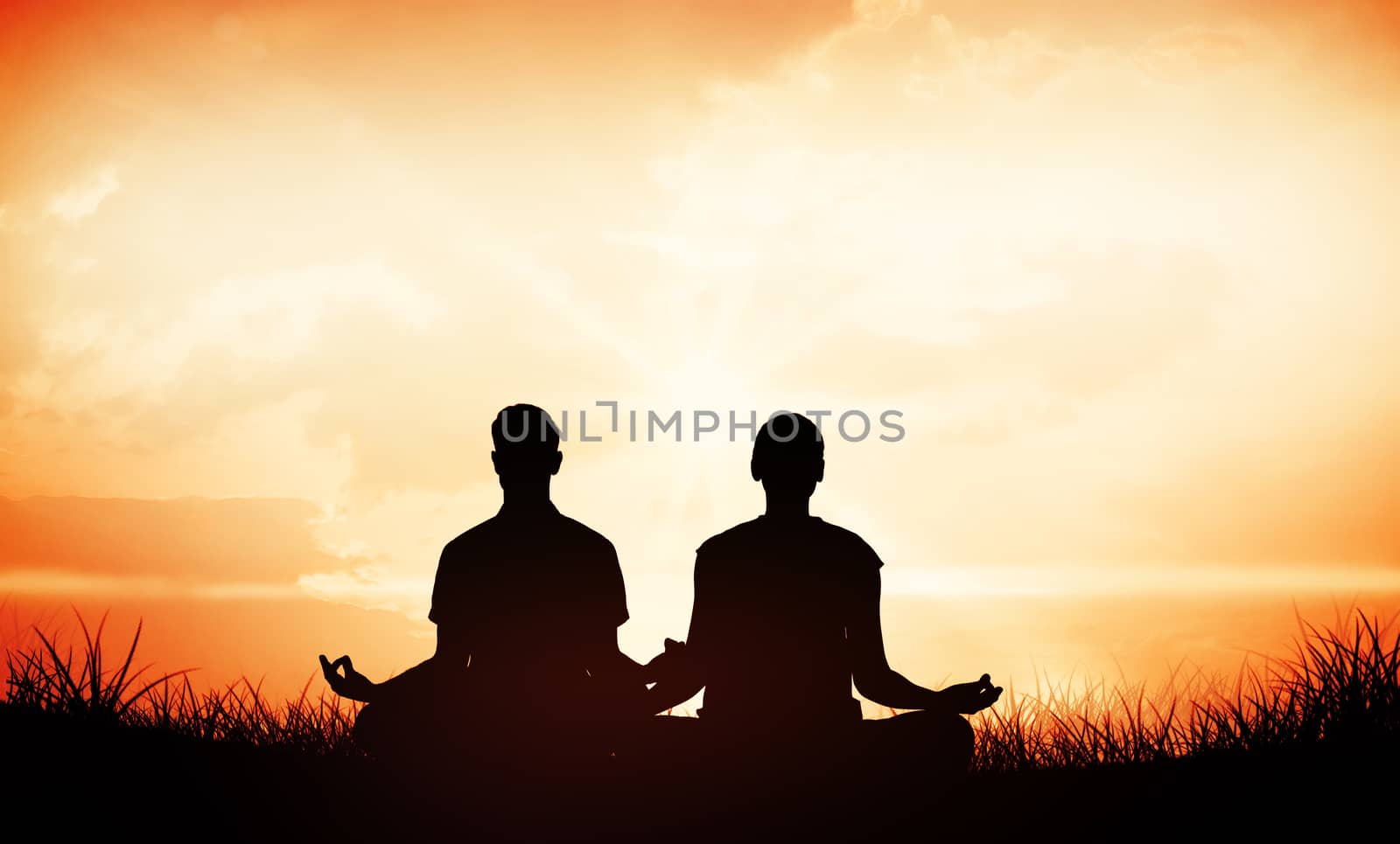Composite image of attractive couple in white meditating in lotus pose by Wavebreakmedia