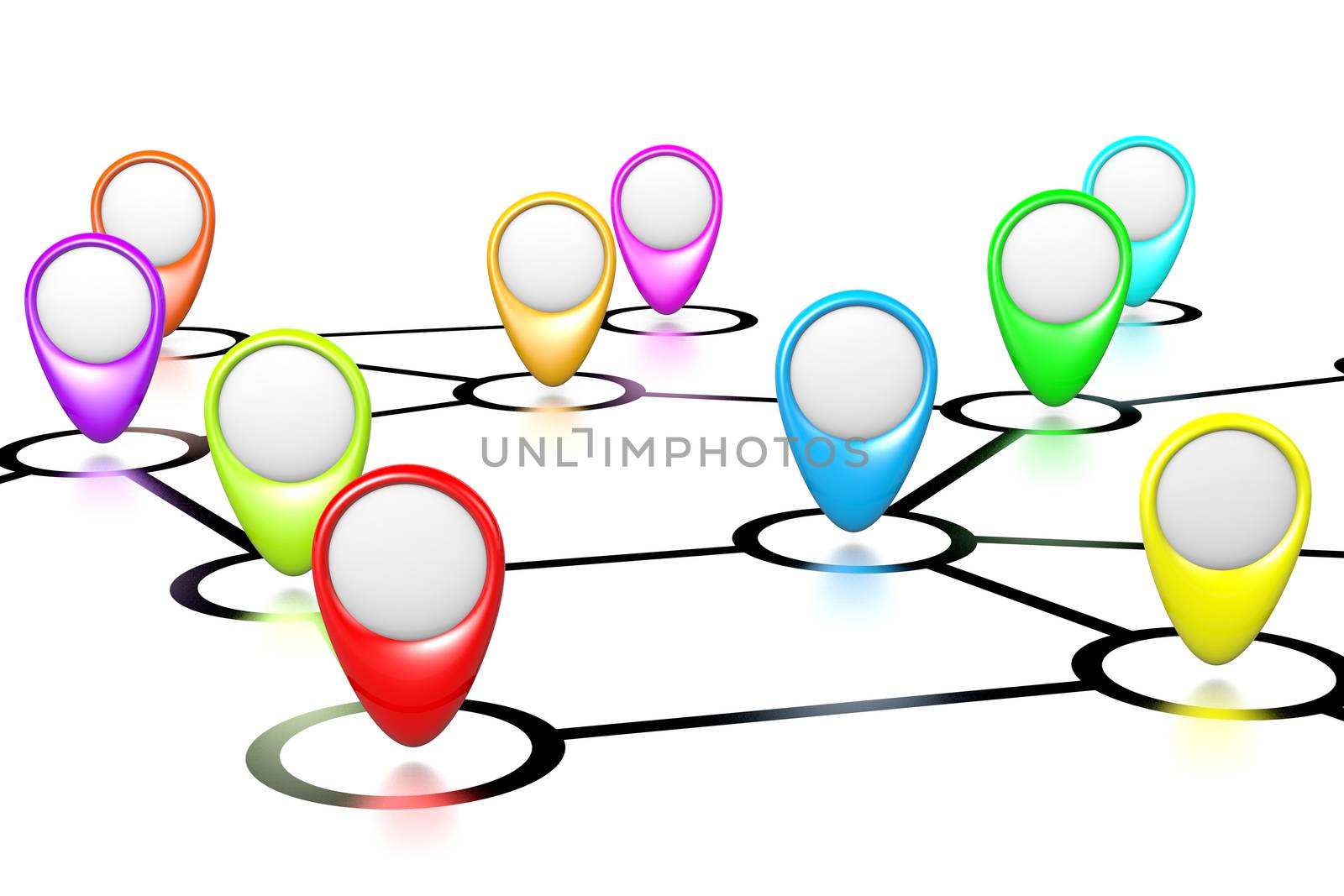 Connections Map with Empty Pointers on White Background 3D Illustration