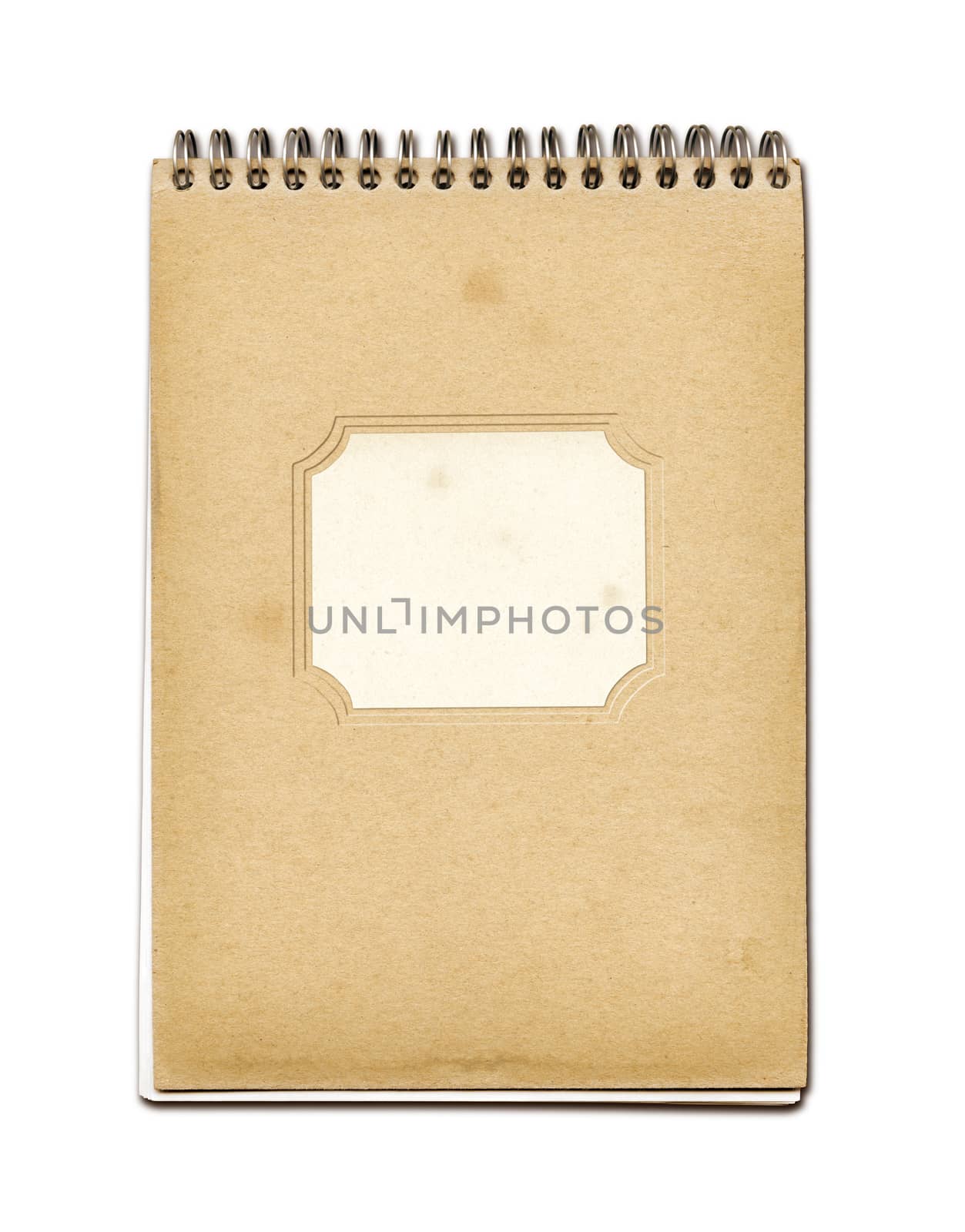 Grunge spiral close notebook, brown paper cover, isolated on white