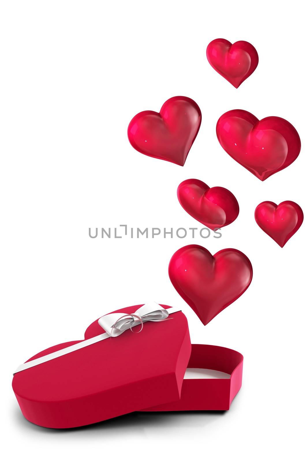 Hearts flying from box on white background