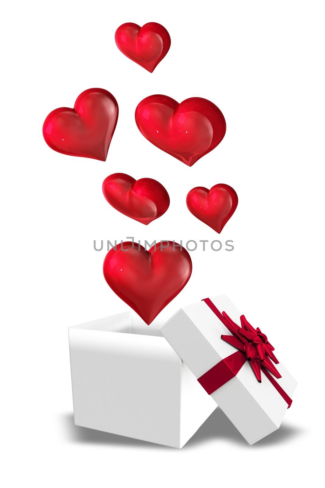 Hearts flying from box on white background