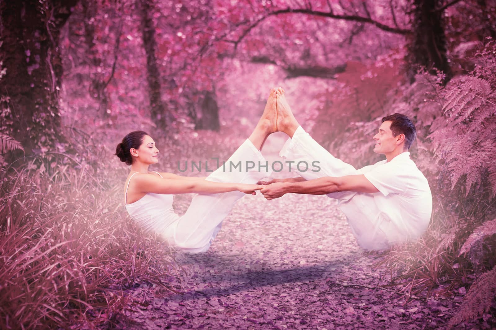 Composite image of peaceful couple sitting in boat position together by Wavebreakmedia