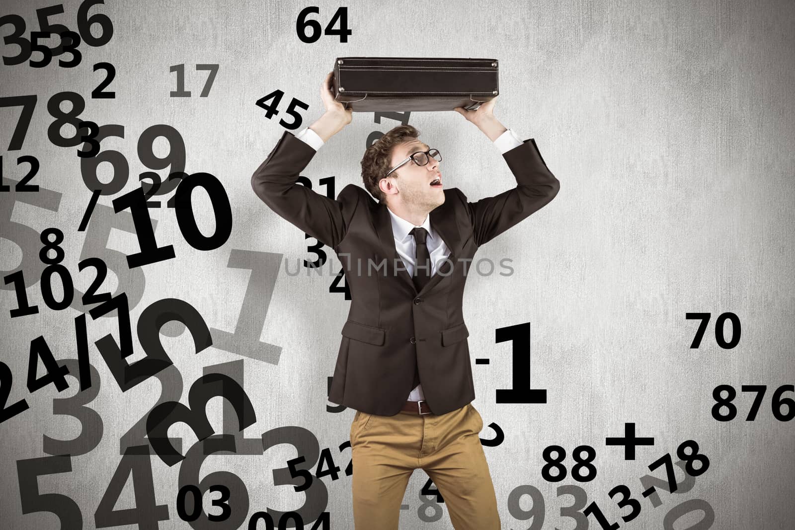 Young geeky businessman holding briefcase against white background