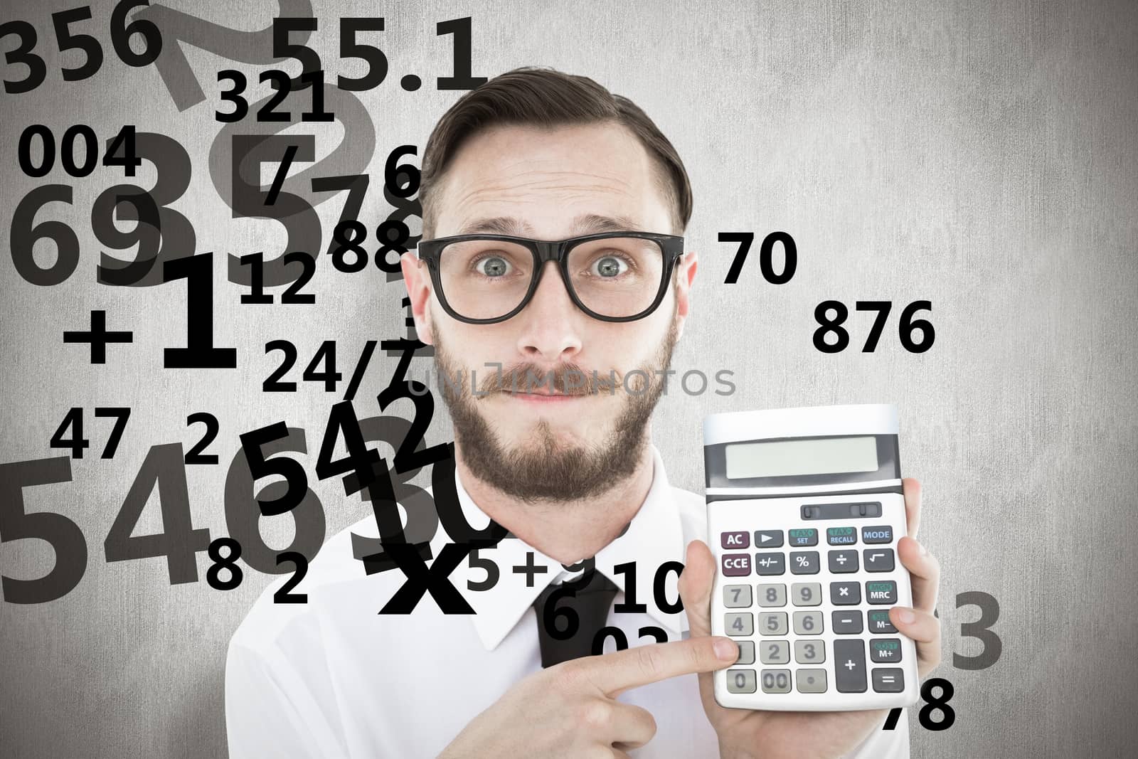 Composite image of geeky businessman pointing to calculator  by Wavebreakmedia