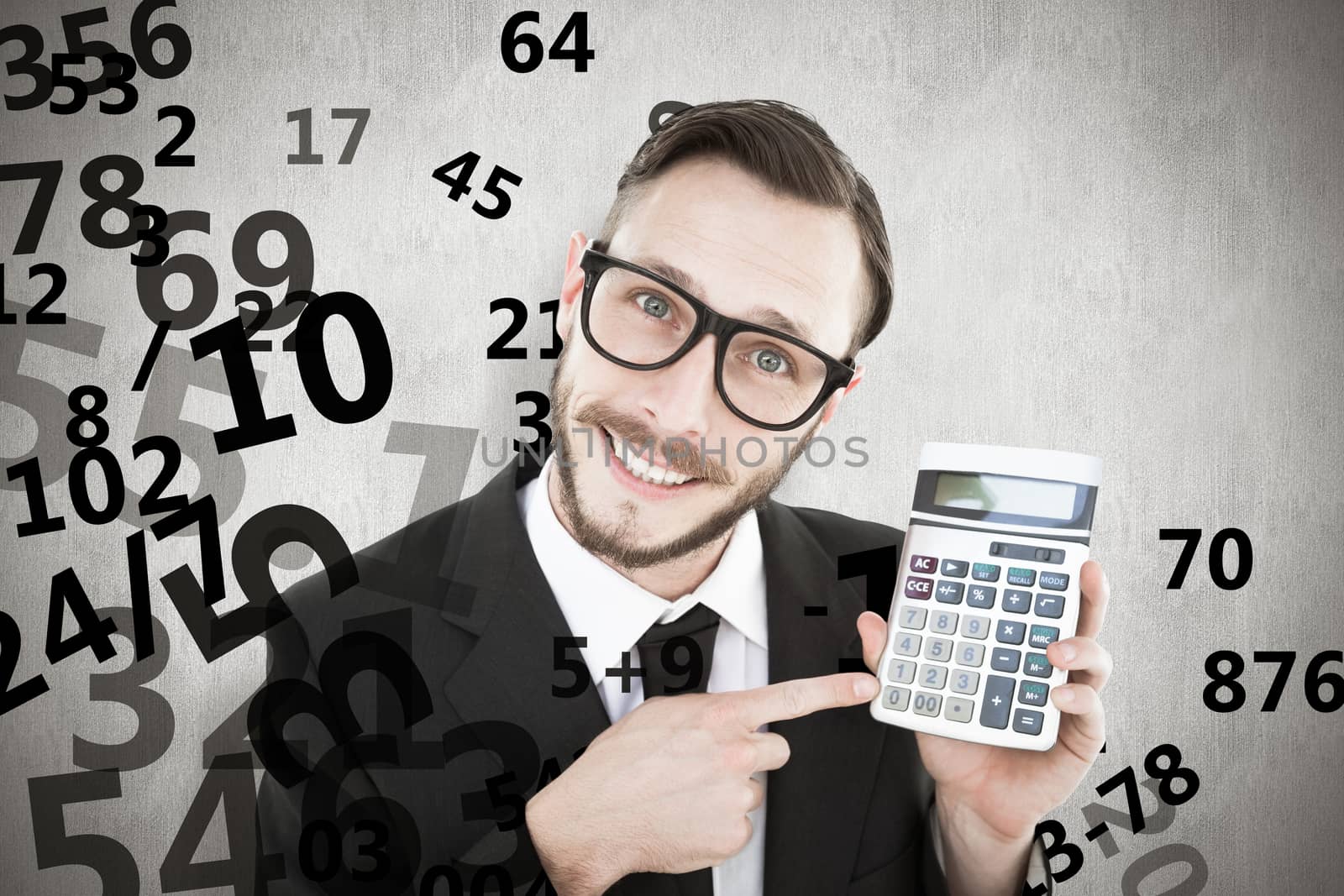Geeky businessman pointing to calculator  against white background