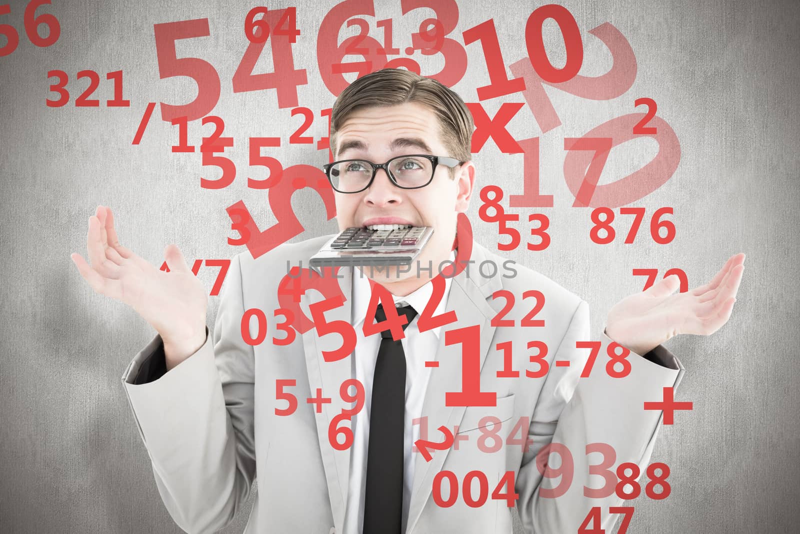 Composite image of geeky shrugging businessman biting calculator by Wavebreakmedia