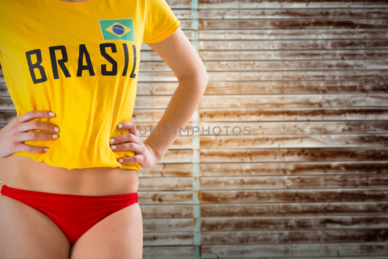 Pretty girl in bikini and brasil tshirt against wooden planks