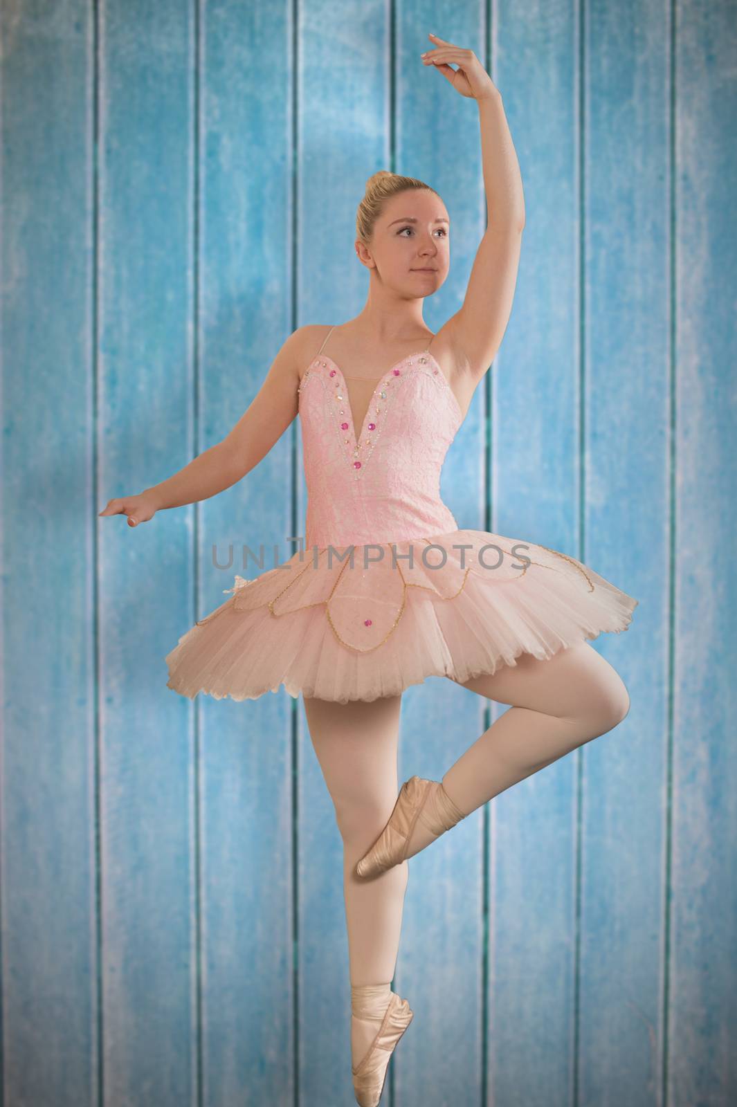 Pretty ballerina dancing against wooden planks