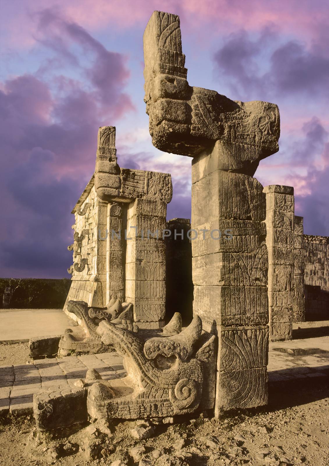Mayan temple pyramid sculpture in the city of Chichen Itza, Yucatan, Mexico