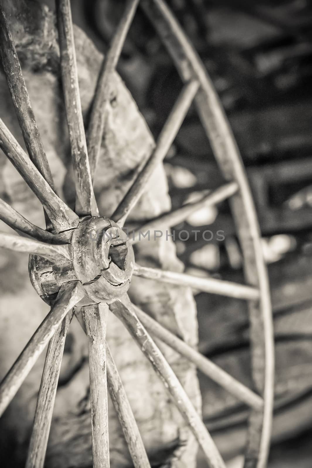 vintage wagon cart wheel with decaying wooden spokes