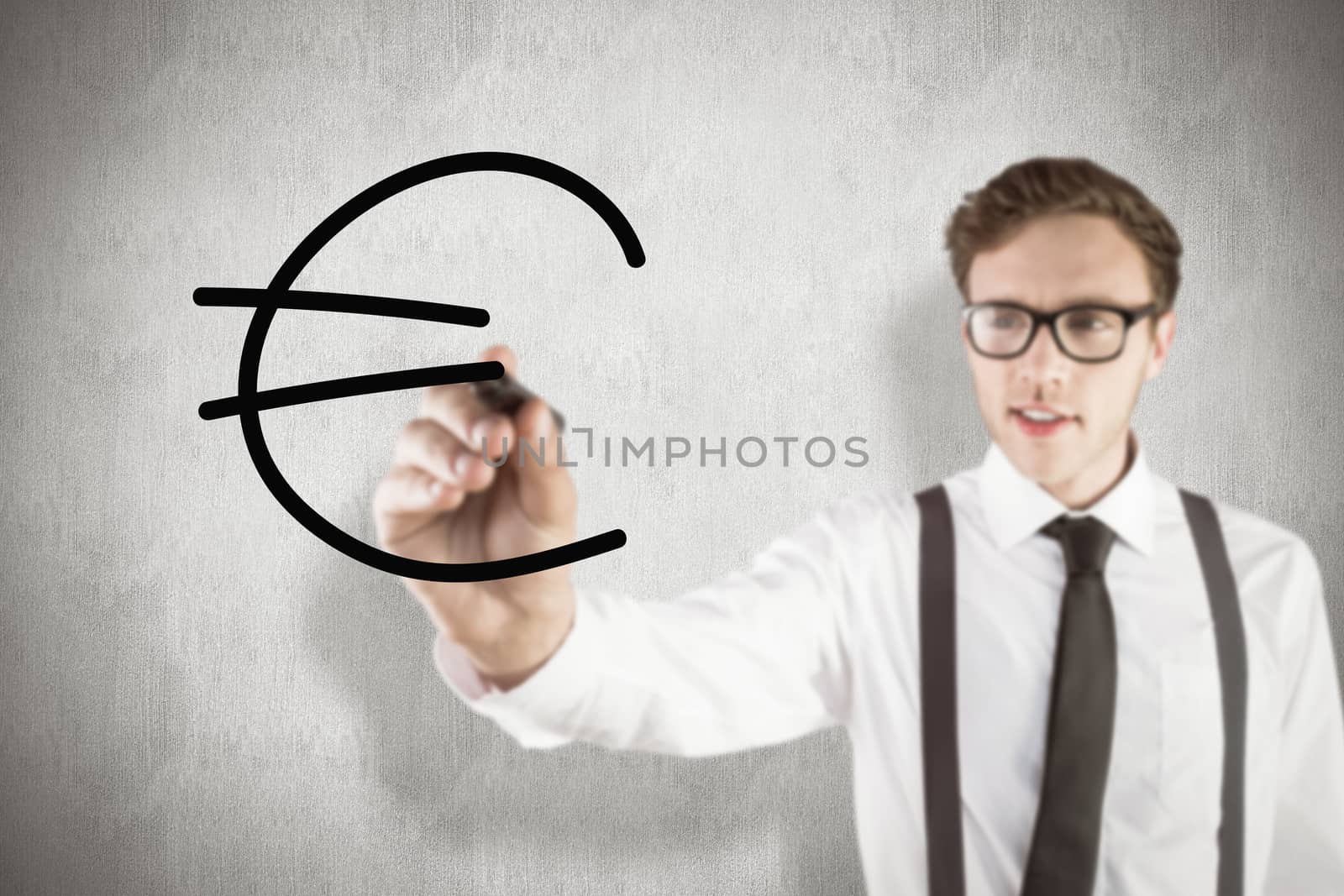 Geeky businessman writing with marker against white background