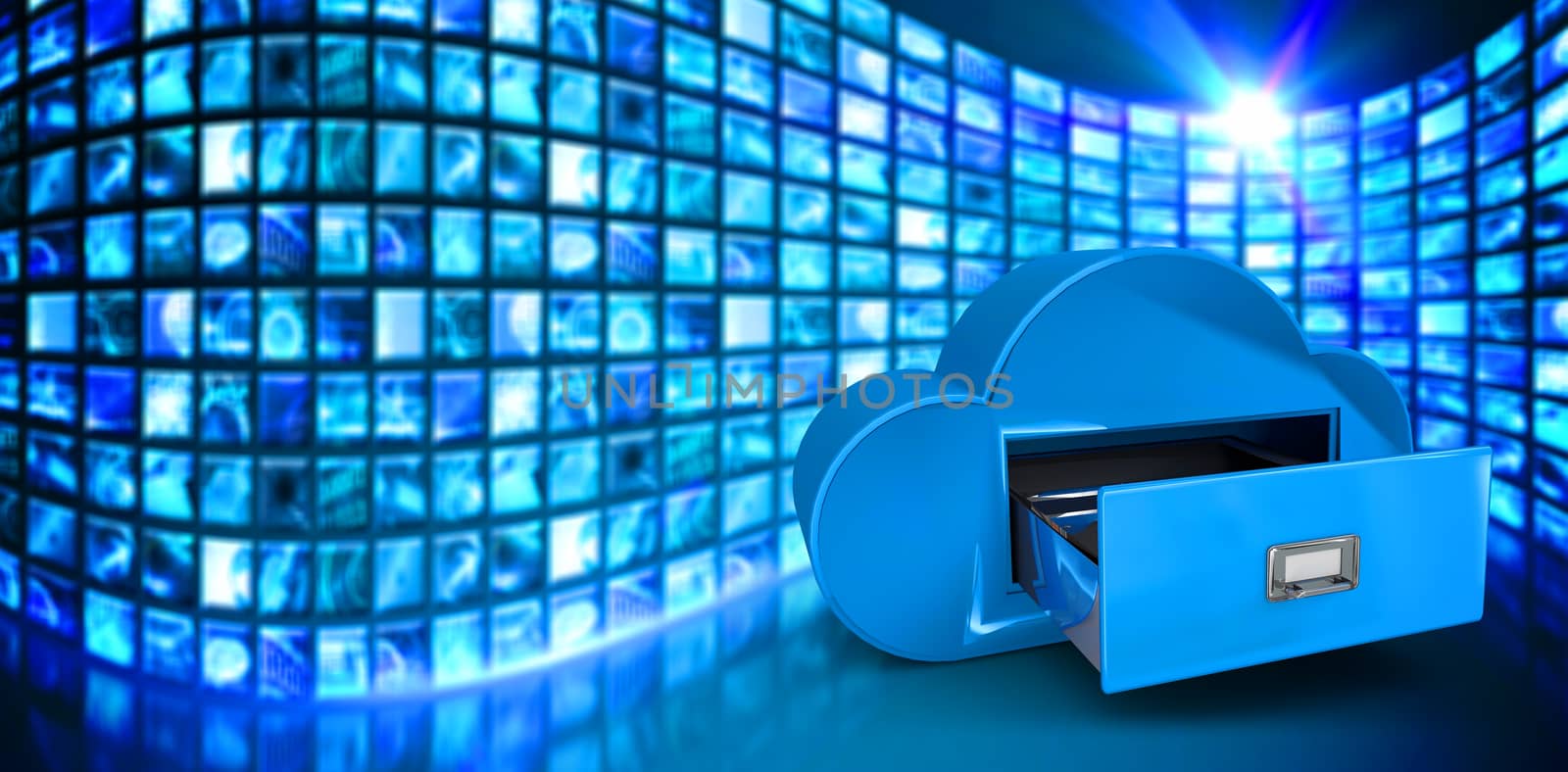 Cloud computing drawer against curve of digital screens in blue