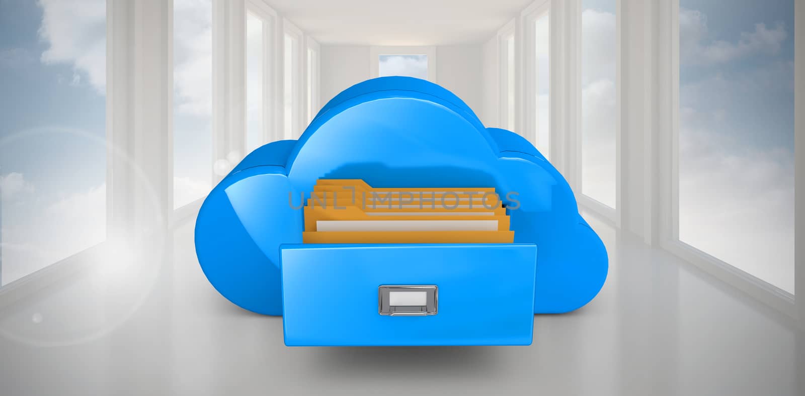 Cloud computing drawer against bright white hall with windows