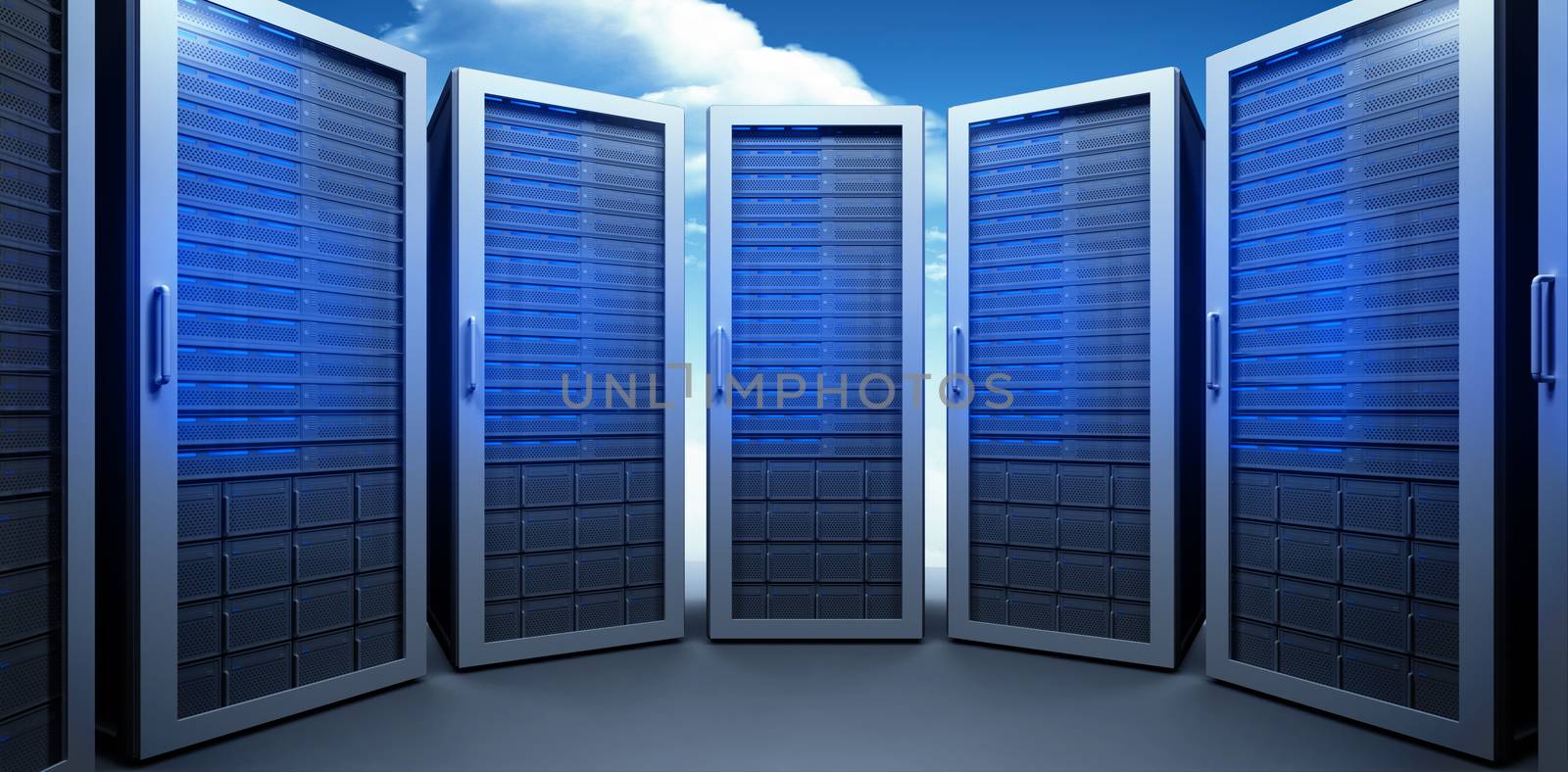 Server room against bright blue sky with clouds