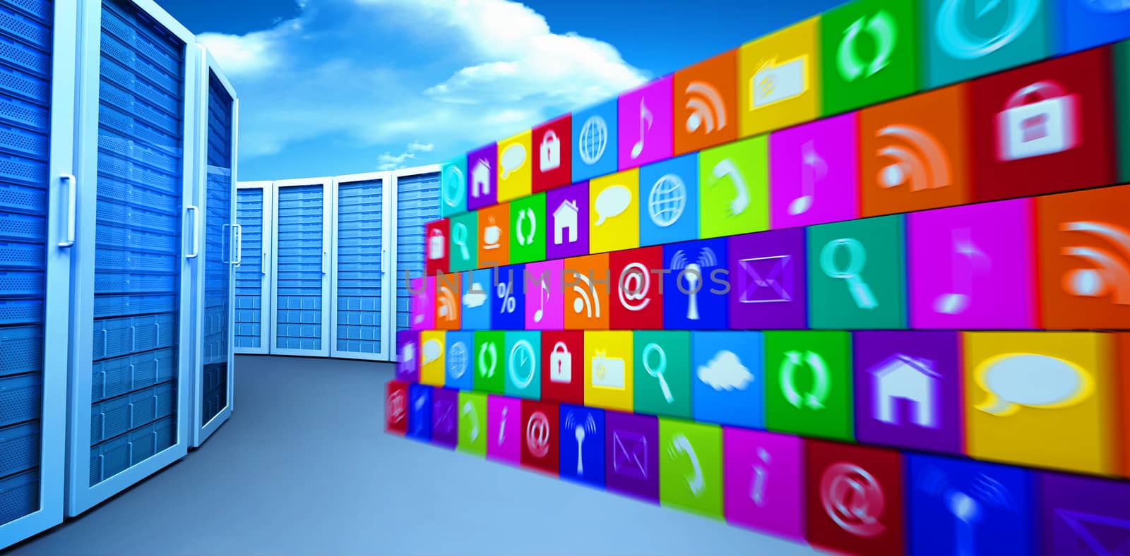 App wall against bright blue sky with clouds