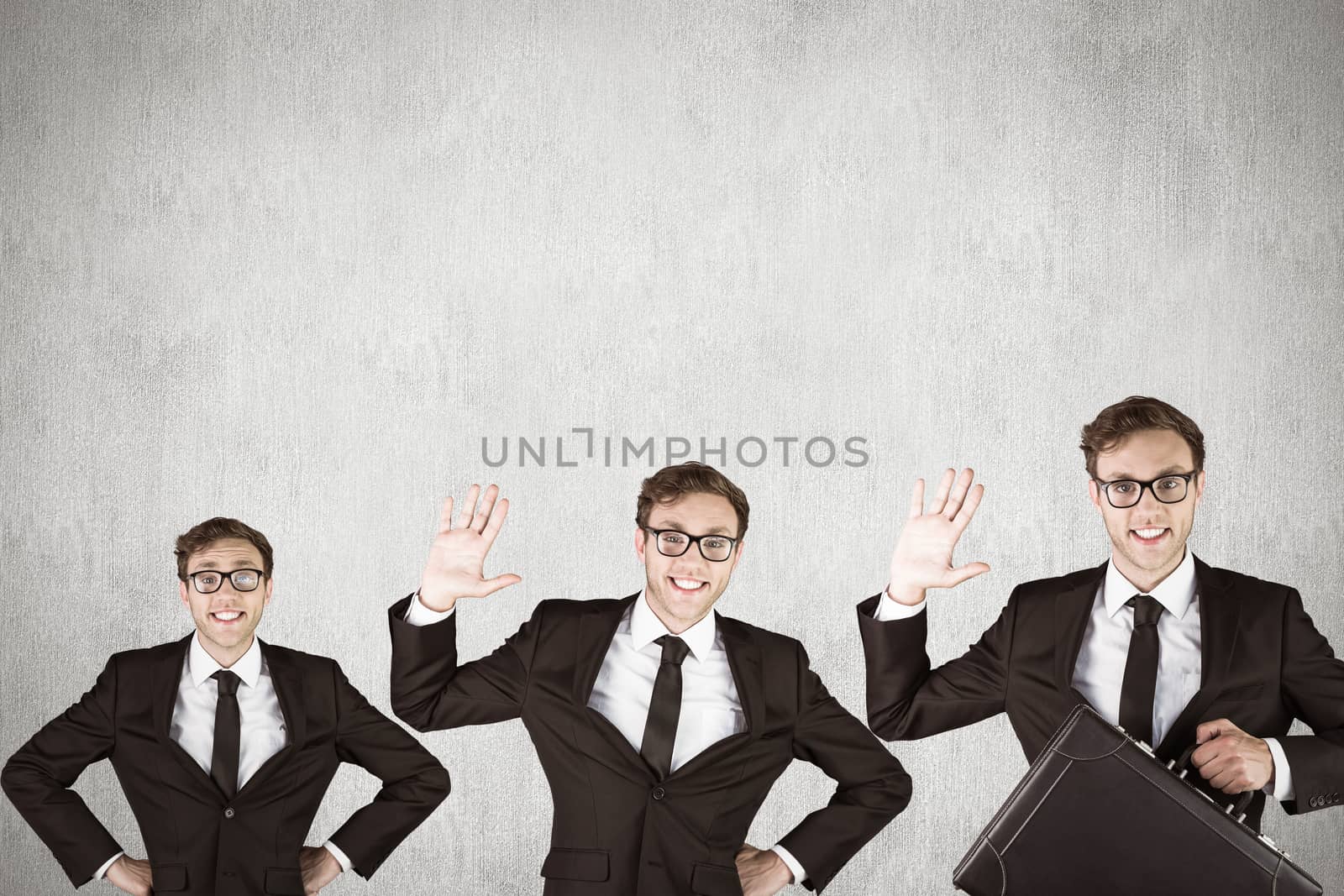 Nerdy businessman waving against white and grey background