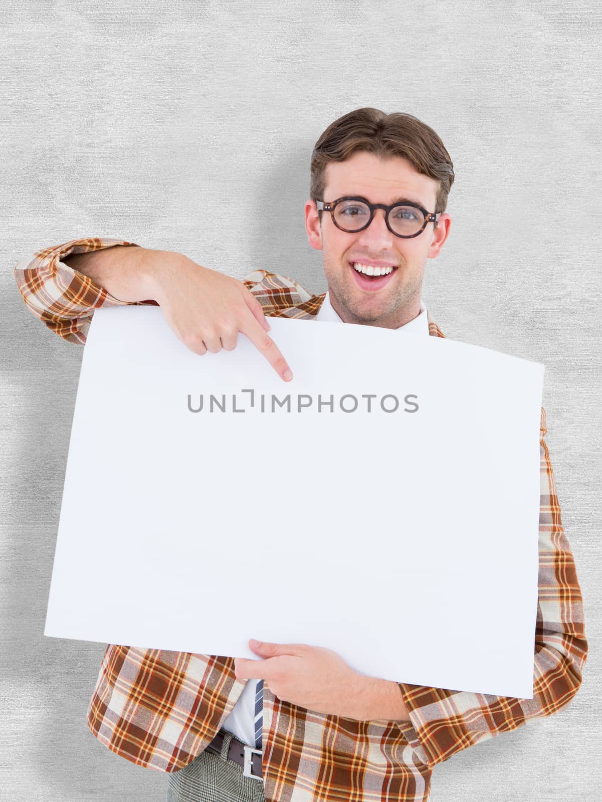 Geeky hipster smiling and showing card against white background