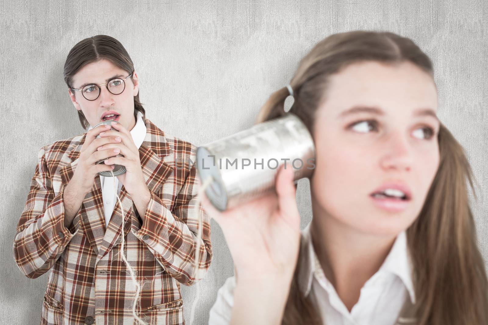 Geeky hipsters using string phone  against white background