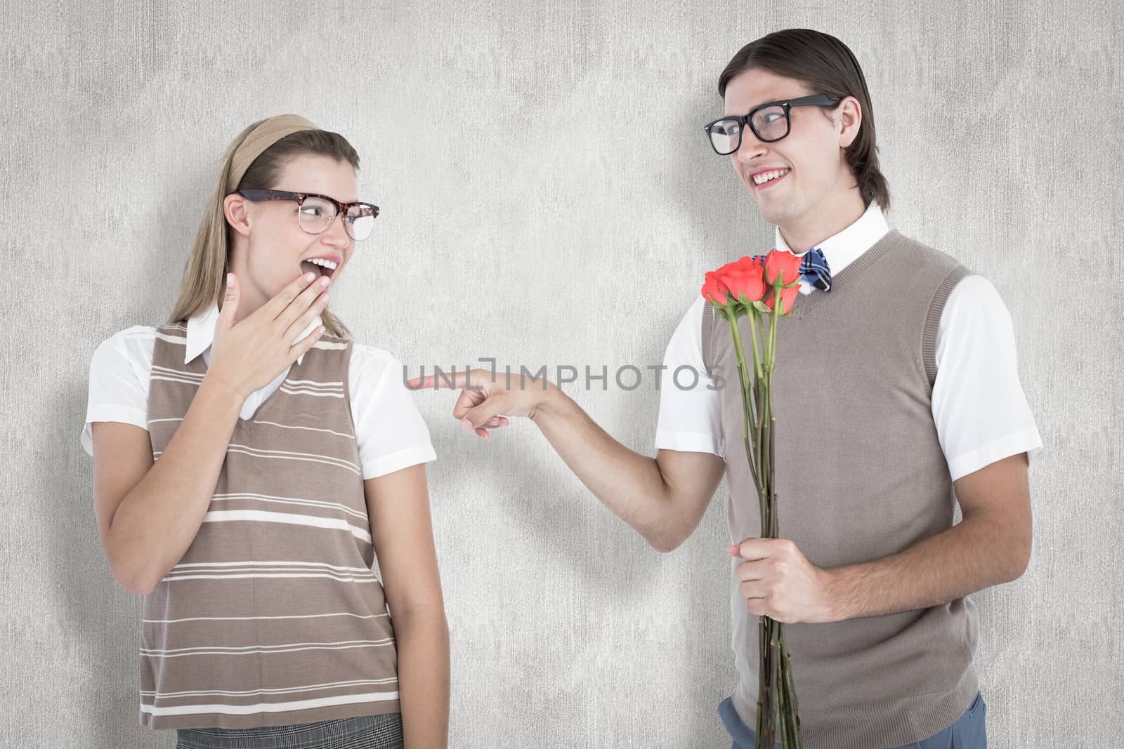 Geeky hipster offering red roses to his girlfriend  against white background