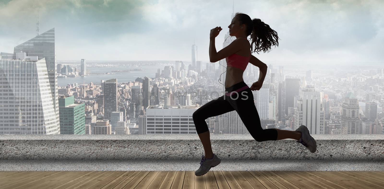Composite image of full length of healthy woman jogging  by Wavebreakmedia