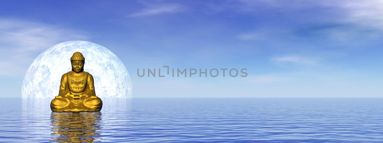 Small golden buddha meditating in front of the moon and upon water by day - 3D render